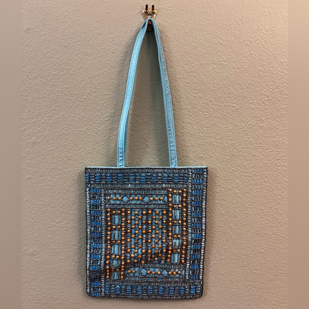 Beaded Teal Blue with Tan Beaded Tote Purse